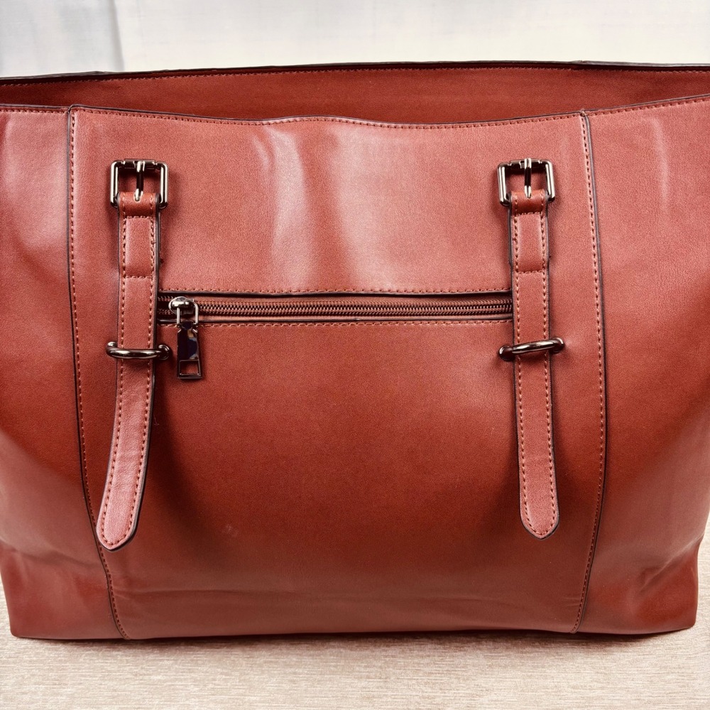 Mosiso Faux Leather Cognac Brown Laptop Bag Large Tote Straps Pockets 18"